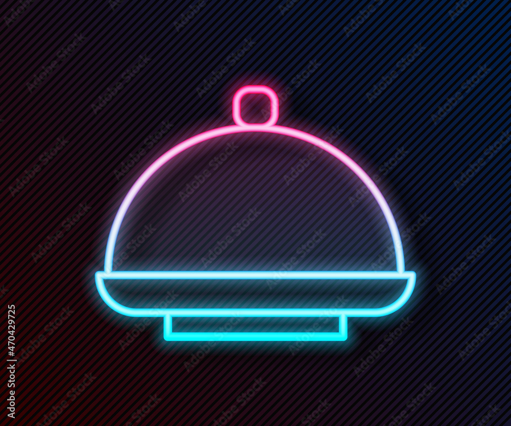 闪闪发光的霓虹灯线覆盖着一盘黑色背景的食物图标。托盘和盖子标志。