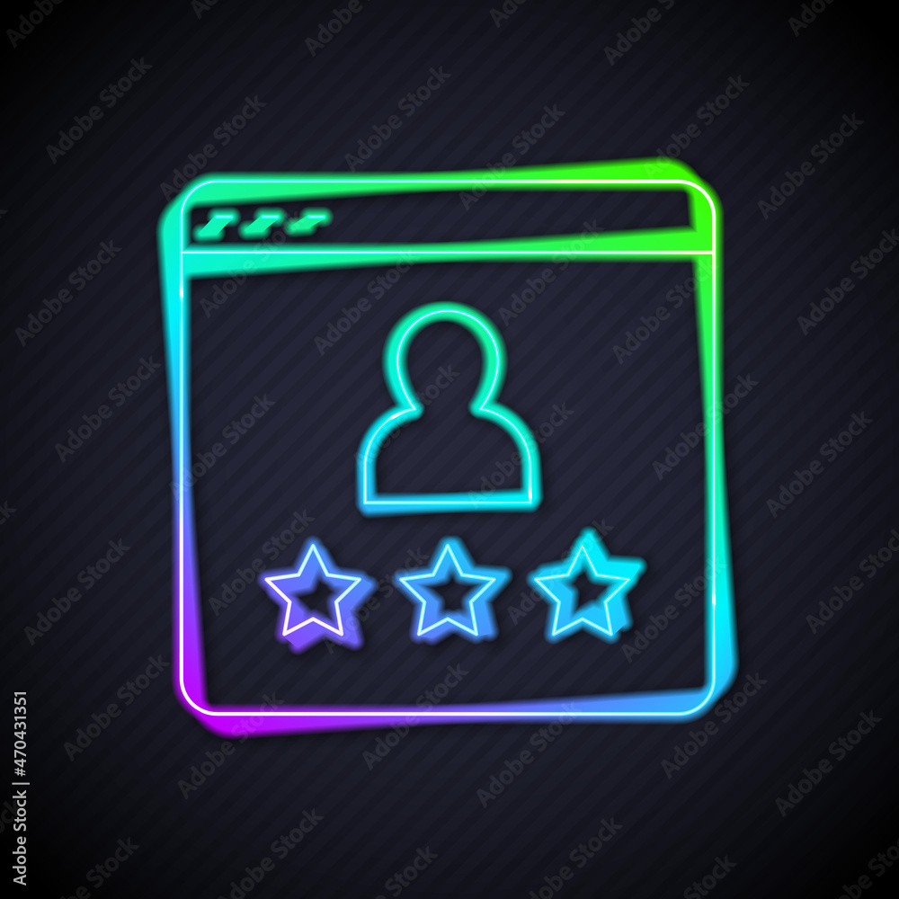 Glowing neon line Consumer or customer product rating icon isolated on black background. Vector