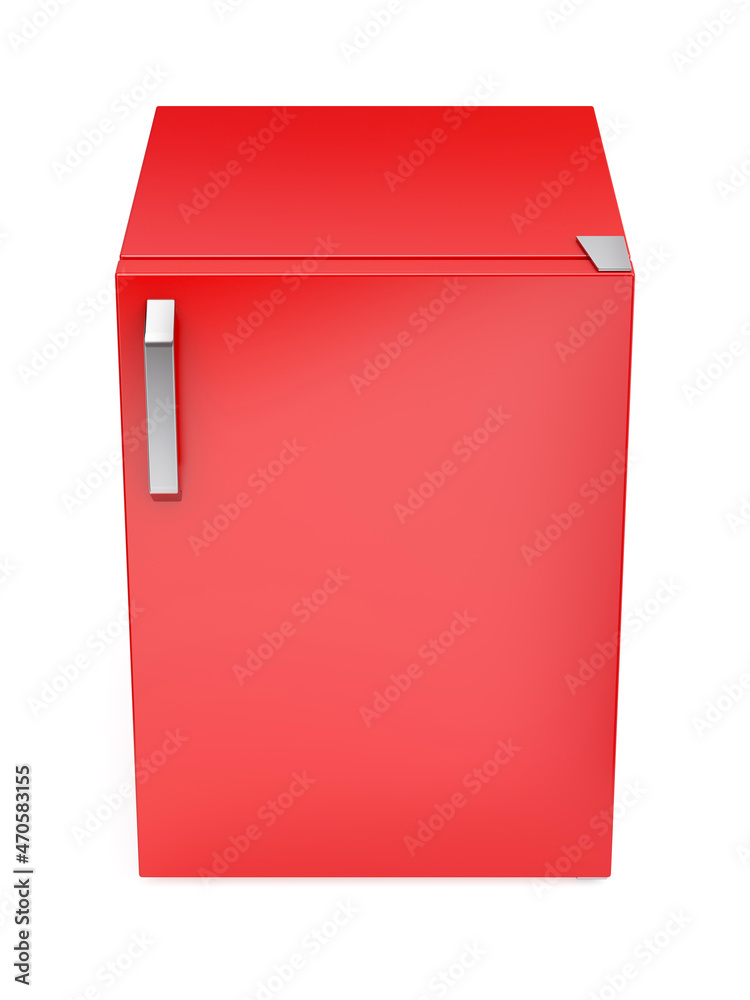 白色背景的红色小冰箱，正视图