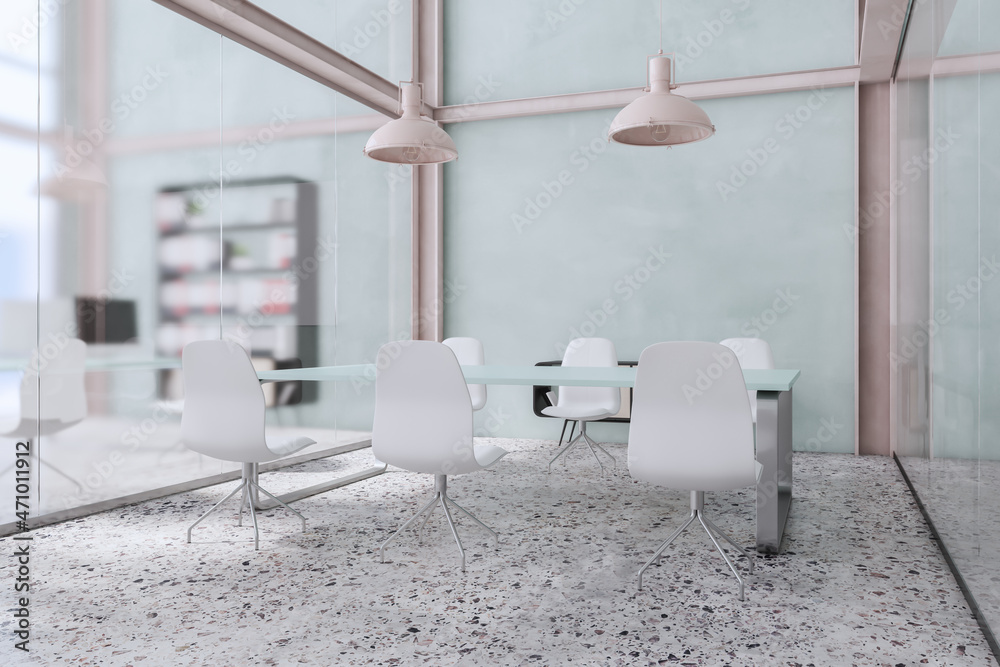 现代会议室内部，配有桌子、日光、设备和大理石地板。3D渲染。