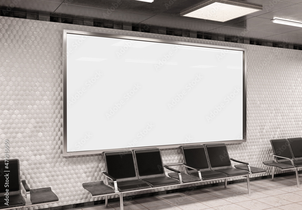 地下墙上的全景2:1广告牌实物模型。火车站墙上的围板广告3D re