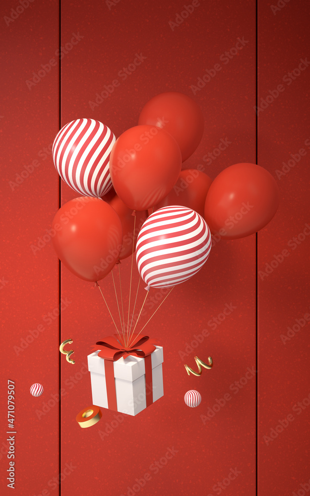 红色背景的气球和礼物，三维渲染。