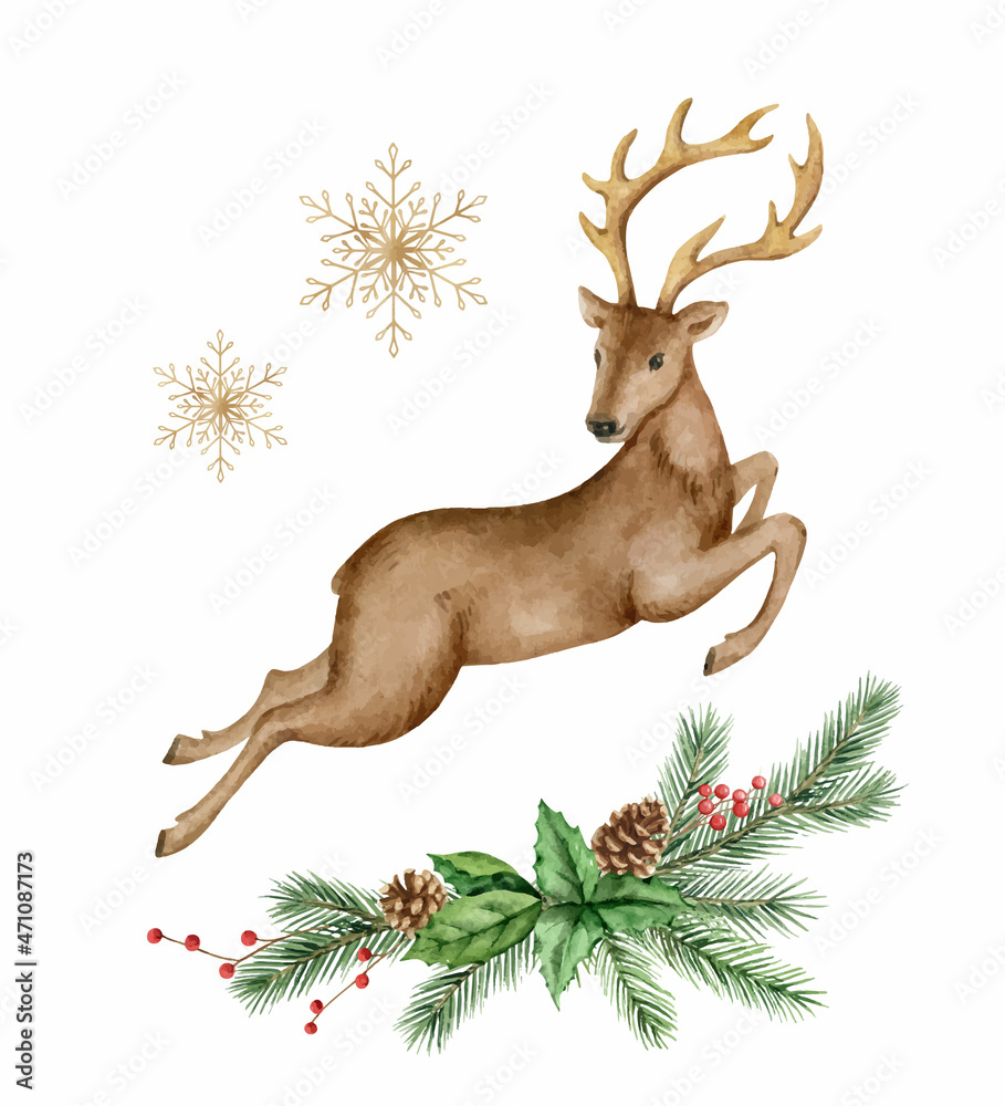带有鹿和冷杉树枝的圣诞矢量水彩花环。