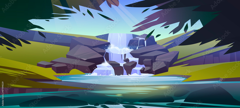 Waterfall cascade in forest cartoon landscape. River stream flowing from rocks to creek or lake unde
