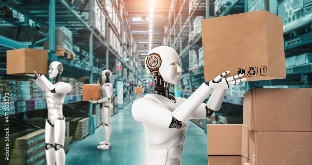 创新的行业机器人在仓库工作，以替代人力。人工智能的概念