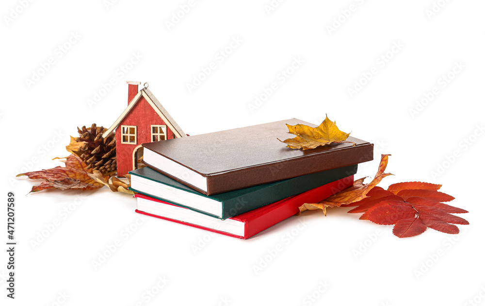 白色背景上堆叠着不同的书籍、木屋和秋季装饰