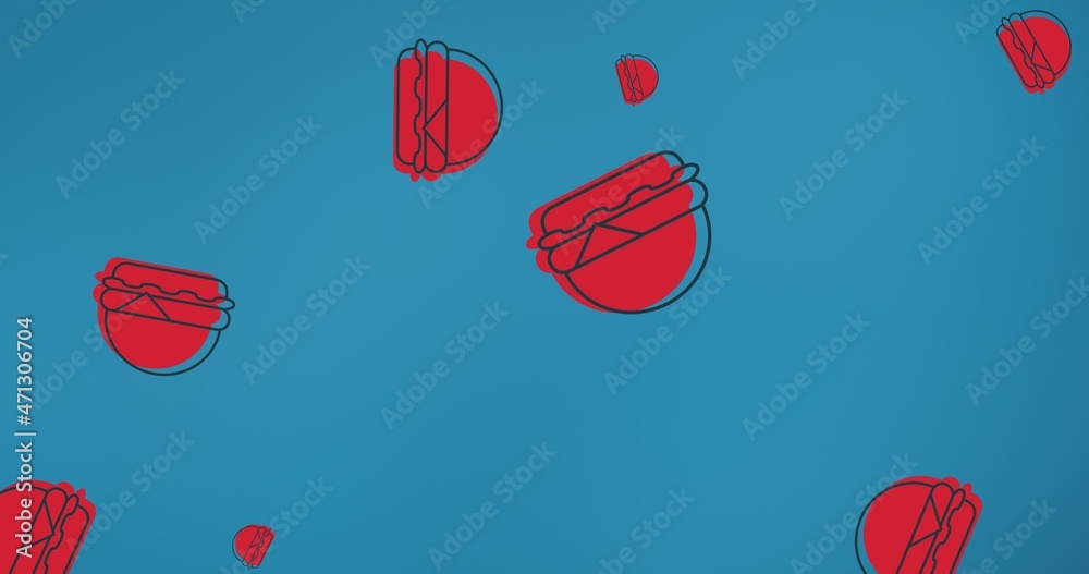 蓝色抽象背景下的红色美国汉堡三明治的多重图像