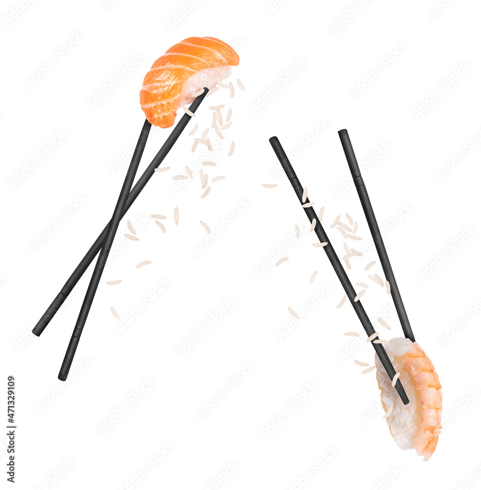 新鲜的日本生鱼片，夹在筷子之间的三文鱼和虾