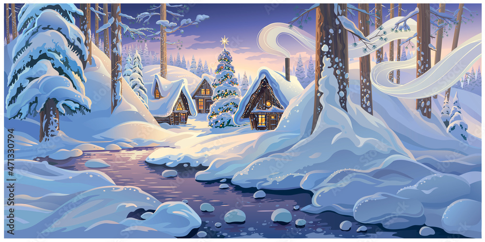 冬季童话般的风景，房屋和节日的圣诞冷杉树，在冬季的雪地森林中。