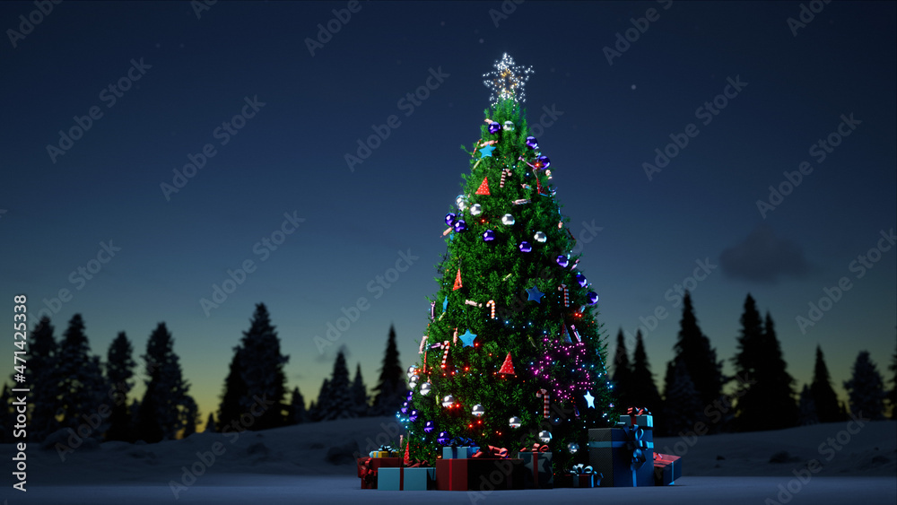 除夕夜，雪地森林里的圣诞树上摆放着新年玩具、装饰品和礼物