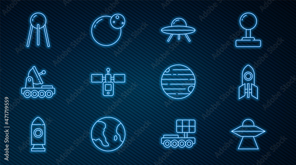 设定UFO飞行飞船、火箭、卫星、火星车、行星和图标。矢量