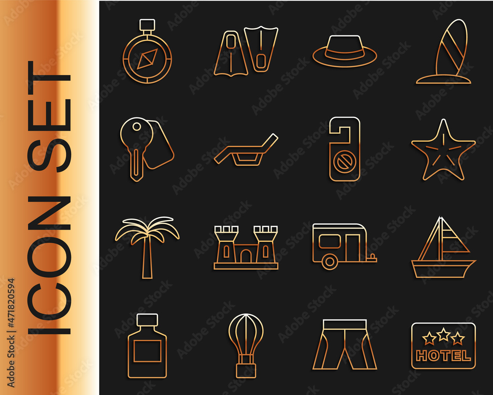 Set line Signboard with text Hotel, Yacht sailboat, Starfish, Man hat ribbon, Sunbed and umbrella, d