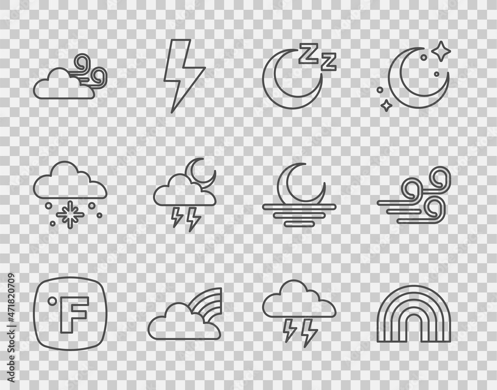 设置华氏度、彩虹、睡眠时间、云层、大风天气、风暴和图标。矢量