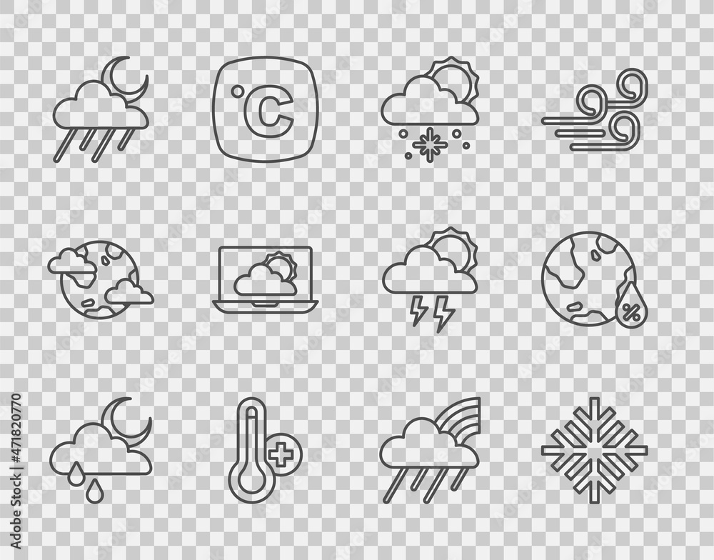 带雨和月亮的设定线云，雪花，雪太阳，气象温度计，天气预报，R