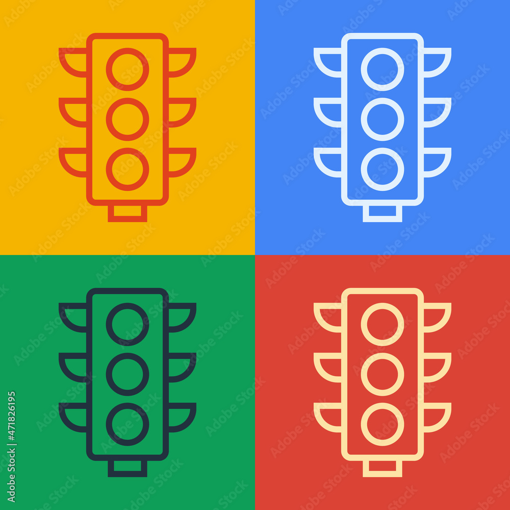 Pop art line Traffic light icon isolated on color background. Vector