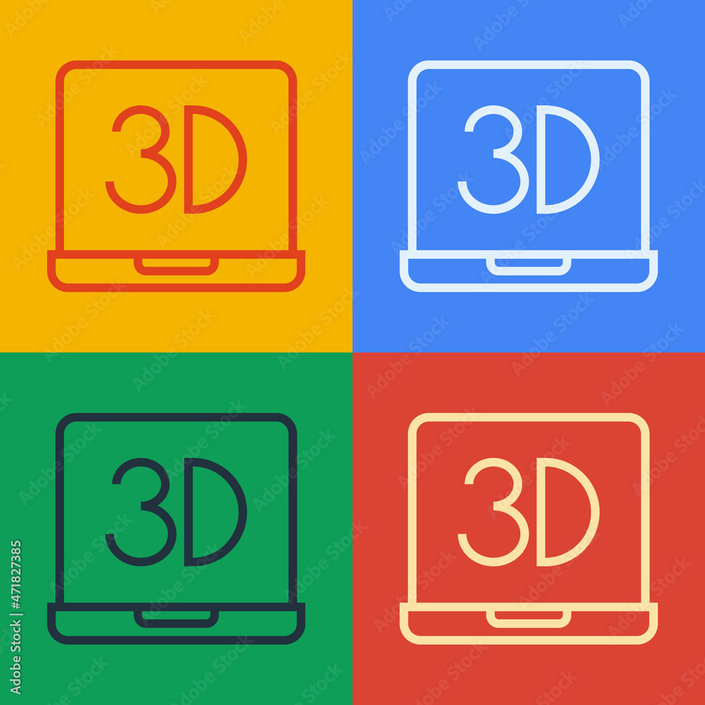流行艺术线条3D打印机图标在彩色背景上隔离。3D打印。矢量