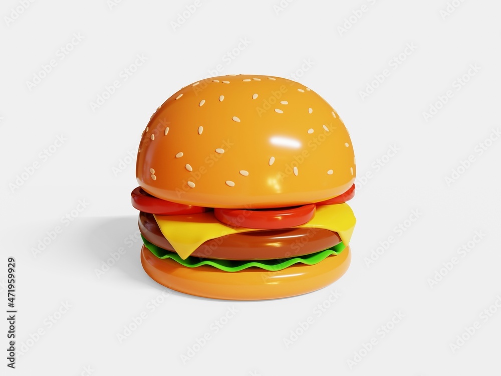 白色背景下的汉堡（汉堡三明治）。美国快餐，3D插图