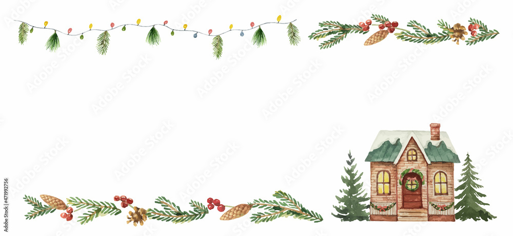 Watercolor vector Christmas card with houses and fir branches.