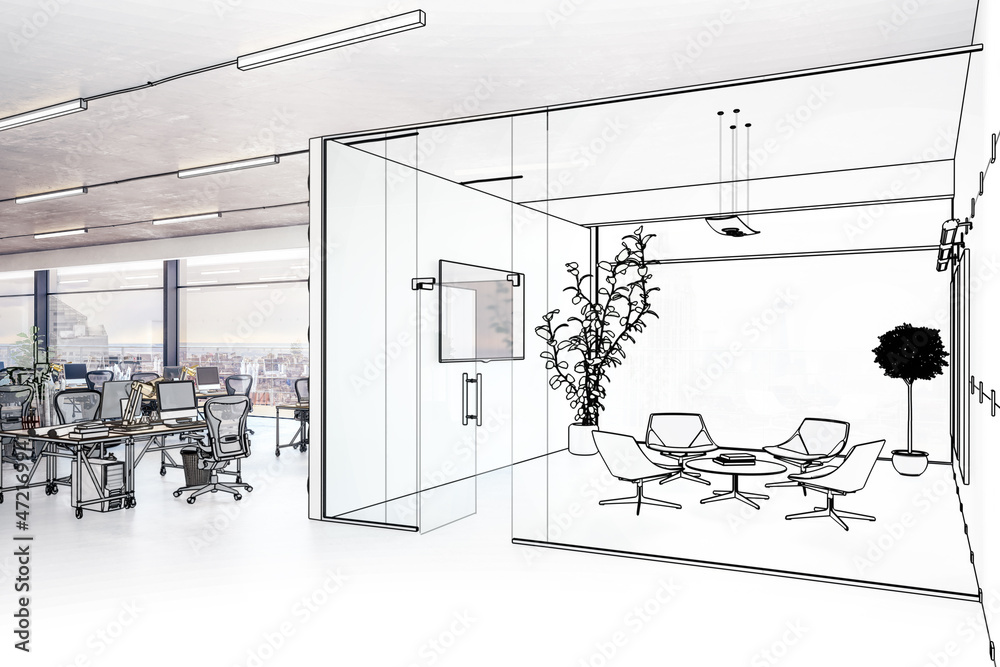 Open Plan Office with Meeting Area (planning) - 3D Visualization