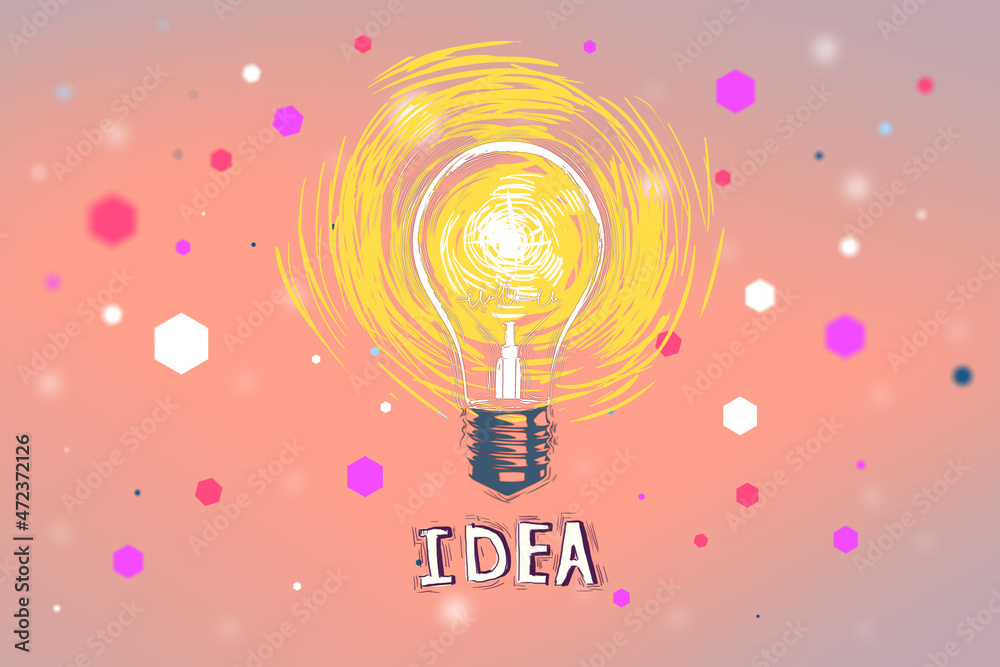 模糊散焦背景下的创意粉色灯泡草图。创意、创新和成功理念。3D