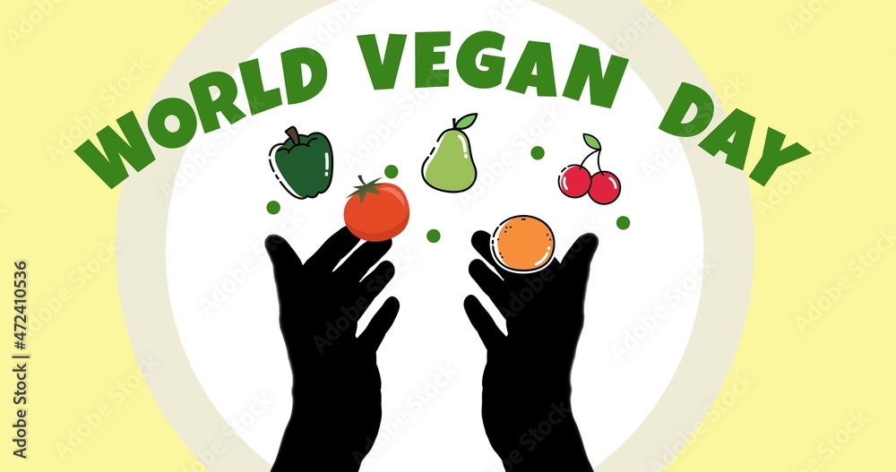 Digital composite of world vegan day with hands juggling fruits and vegetables