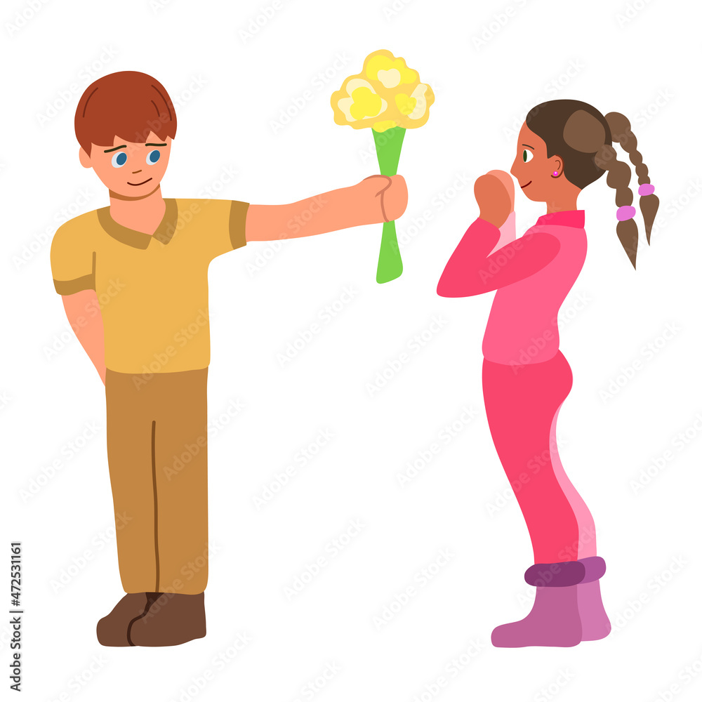 高中爱情。害羞的男孩给女孩送花，恋爱中的人，表现出关心，求爱，快乐的孩子