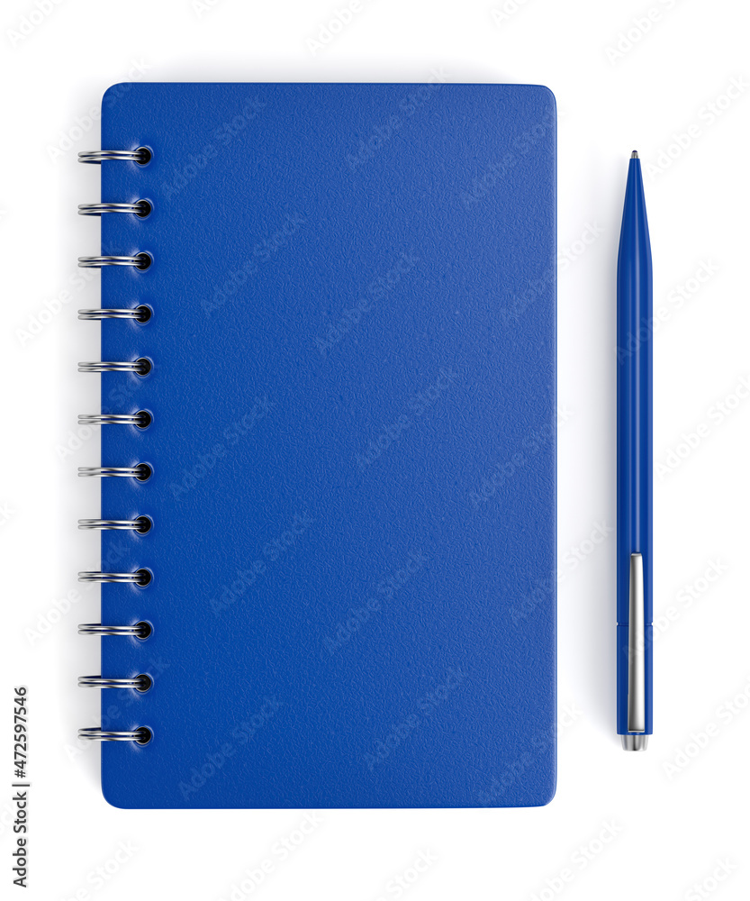 白色背景的蓝色螺旋笔记本和笔，俯视图