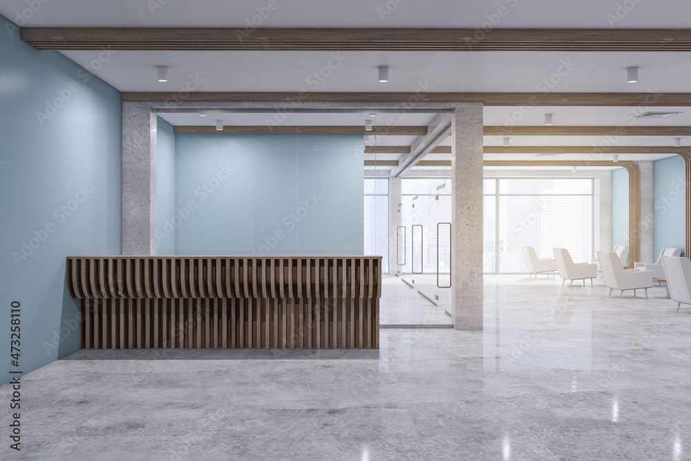 木质接待台，位于极简主义的混凝土办公室内部，带有日光和玻璃墙。大堂c