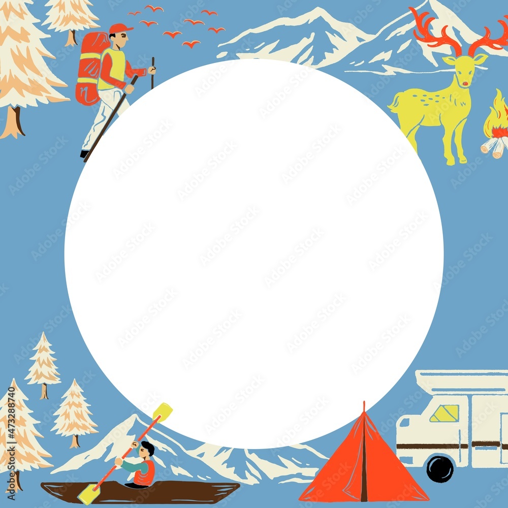 带旅游卡通插图的圆形露营旅行蓝色框架矢量