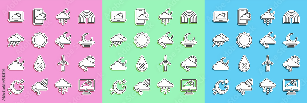 Set line Weather forecast, Cloud with rain and sun, Sunset, moon, and icon. Vector