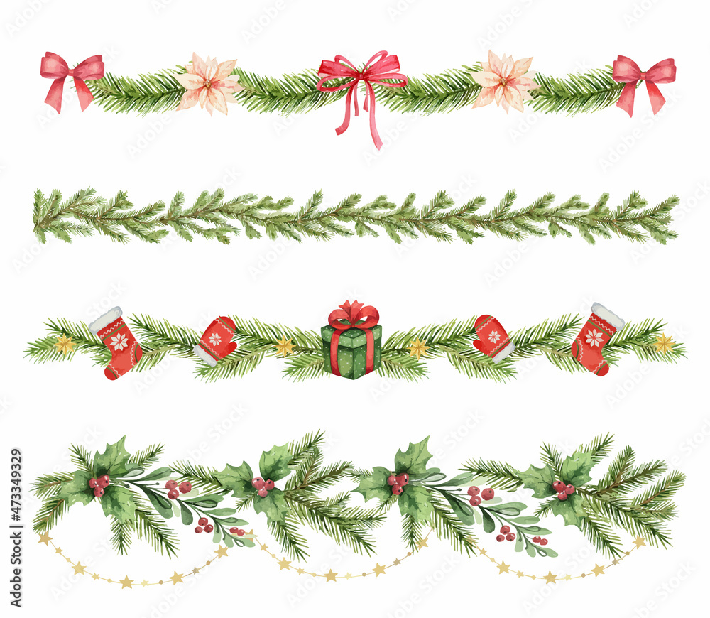 水彩矢量圣诞套装彩色花环，有球、灯和冷杉枝。