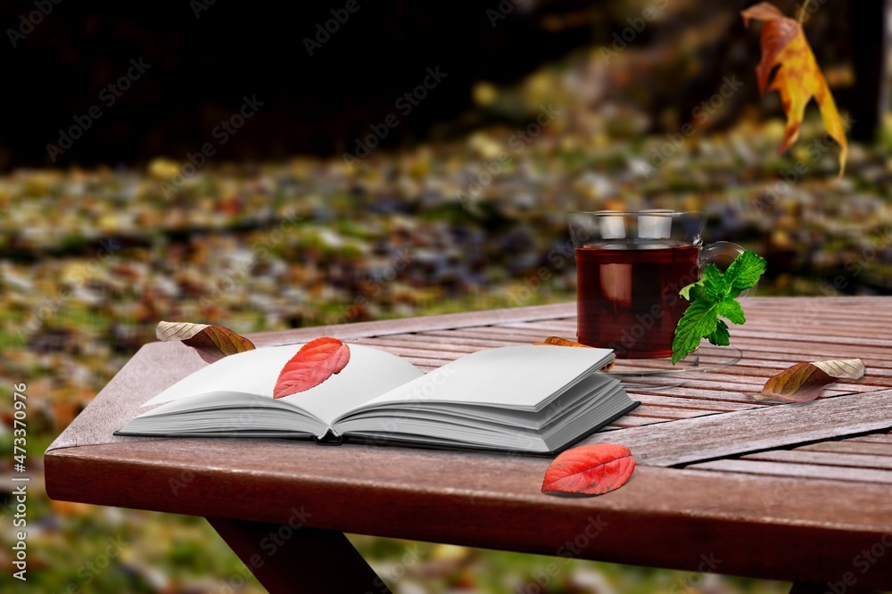 在落叶的背景下，一杯茶和一本书放在木制表面上，秋天的季节