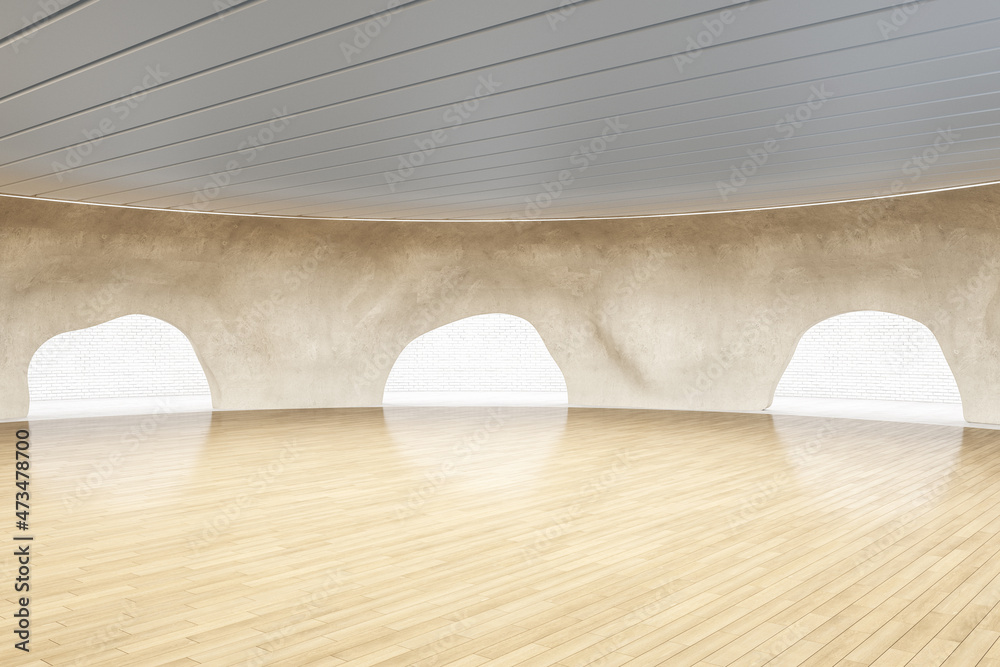 富有创意的木制洞穴内部，带有倒影。博物馆和展览概念。3D渲染。