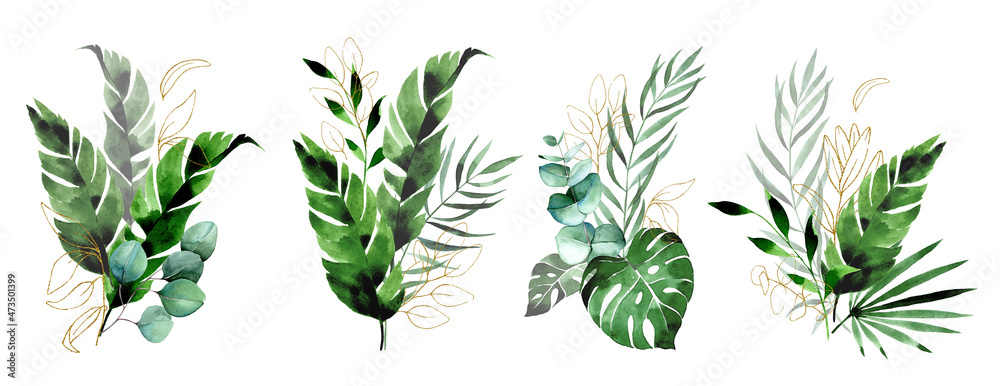 水彩画。一组构图，热带树叶束。绿色和金色的棕榈叶，