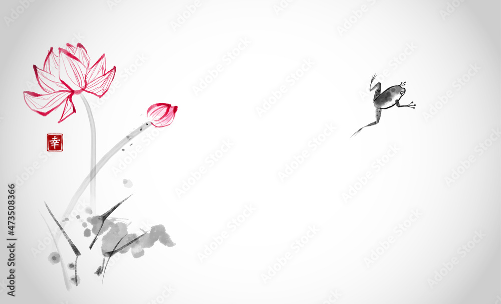 白色背景下跳跃的青蛙和莲花。传统东方水墨画sumi-e，u-sin，