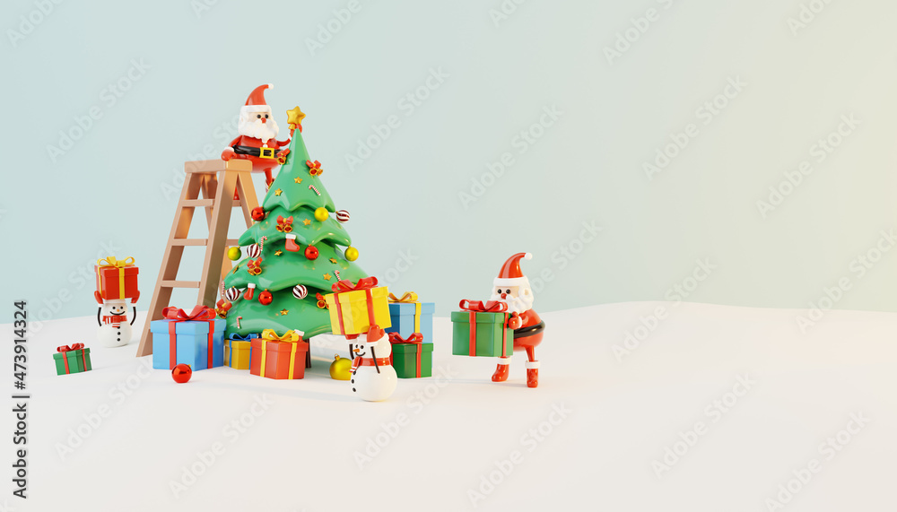 圣诞老人和雪人装饰着被礼盒包围的圣诞树。节日圣诞新