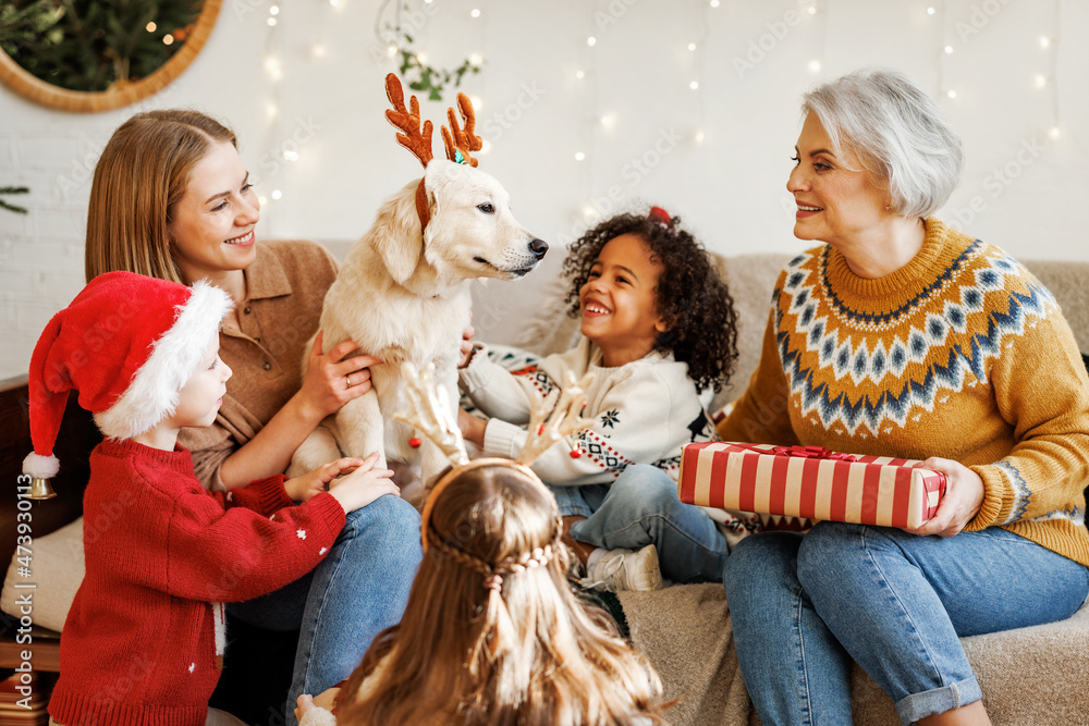 快乐的孩子们圣诞节养狗，多民族家庭带着金毛寻回犬庆祝新年
