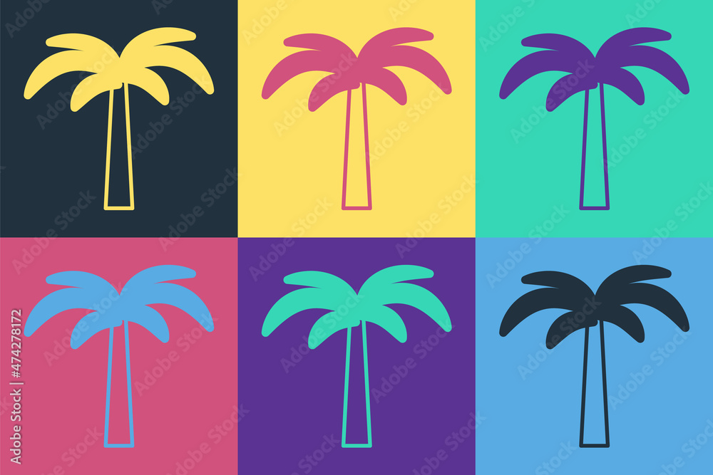 流行艺术热带棕榈树图标隔离在彩色背景上。椰子棕榈树。矢量