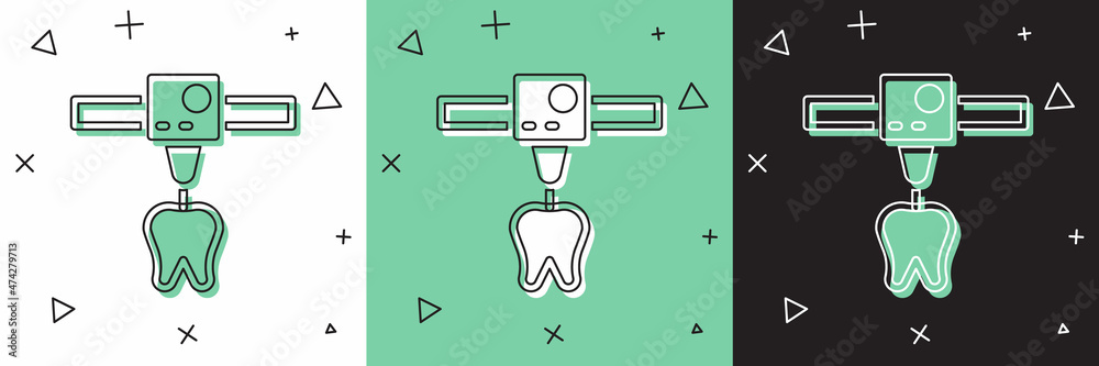 将3D打印机牙齿图标隔离在白色和绿色，黑色背景上。3D打印。矢量