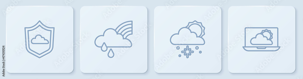 设定线天气预报，有雪和太阳的云，彩虹云雨和。白色方形按钮。Ve