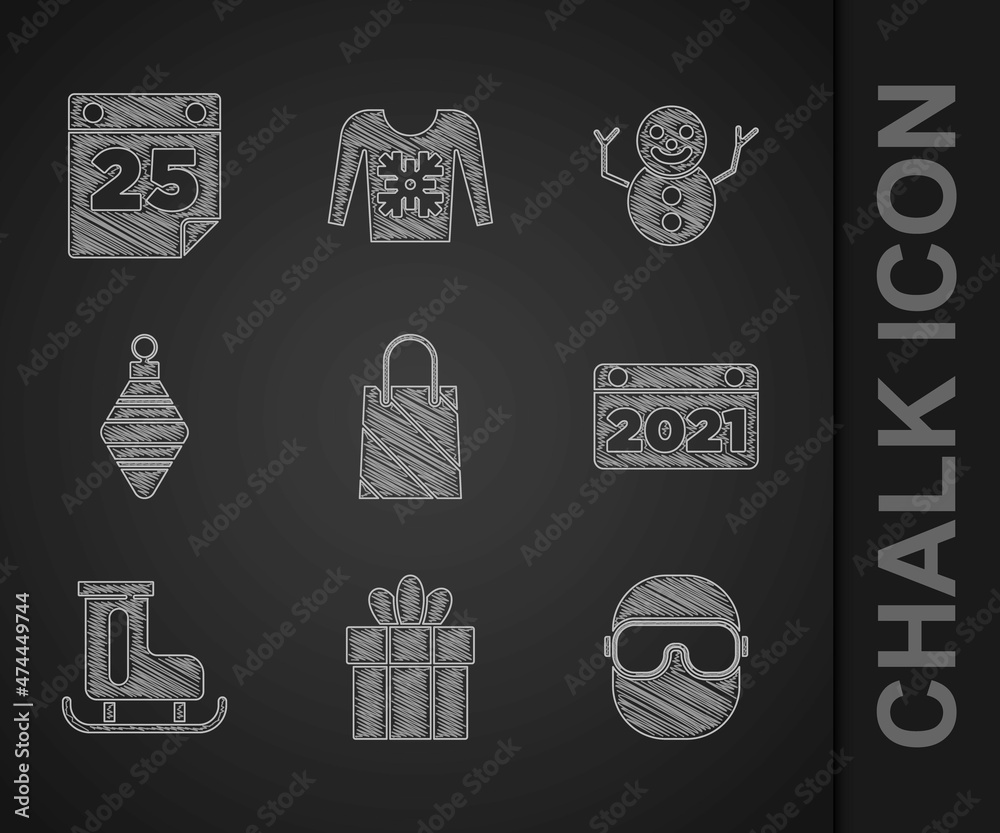 套装圣诞购物袋、礼品盒、滑雪镜、日历、花样滑冰鞋、球、雪人和图标。