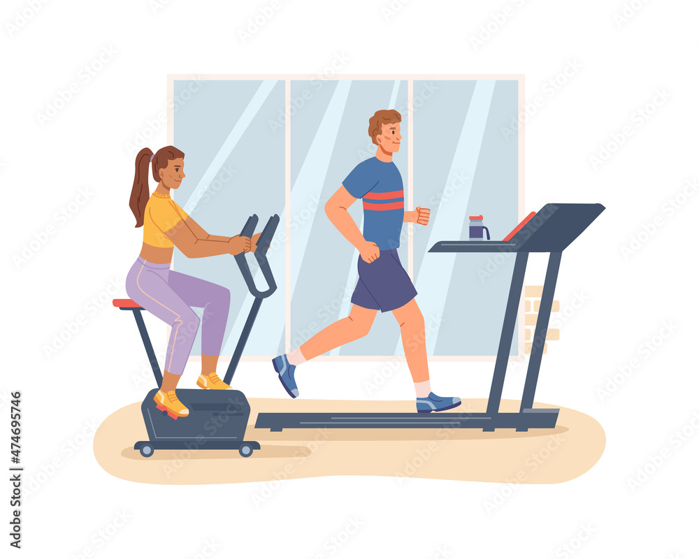 Sportive people training in gym, man and woman working out on treadmill running track and bike. Male