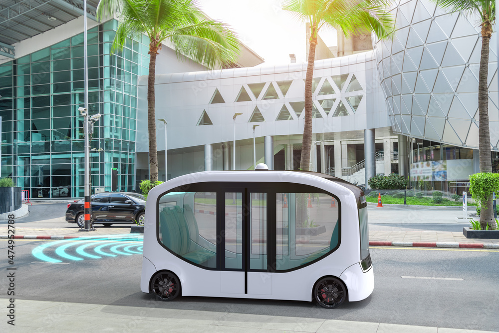 自动驾驶电动穿梭巴士街头自动驾驶，智能汽车概念