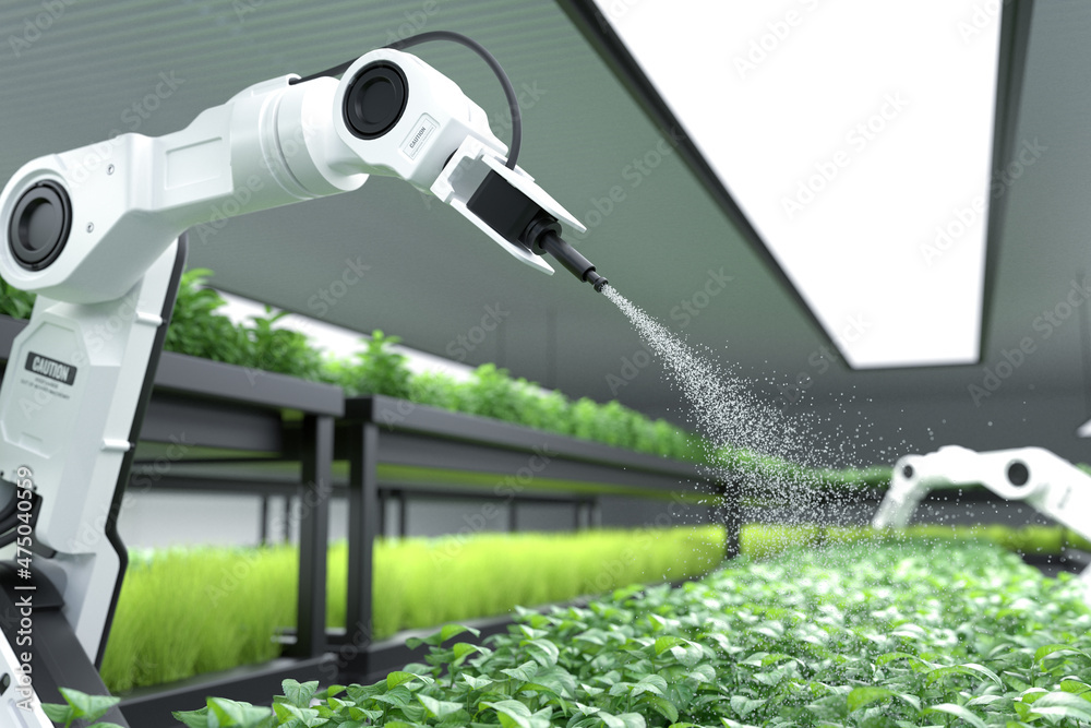 智能机器人农民在蔬菜绿色植物上喷洒肥料，农业技术，农场自动化