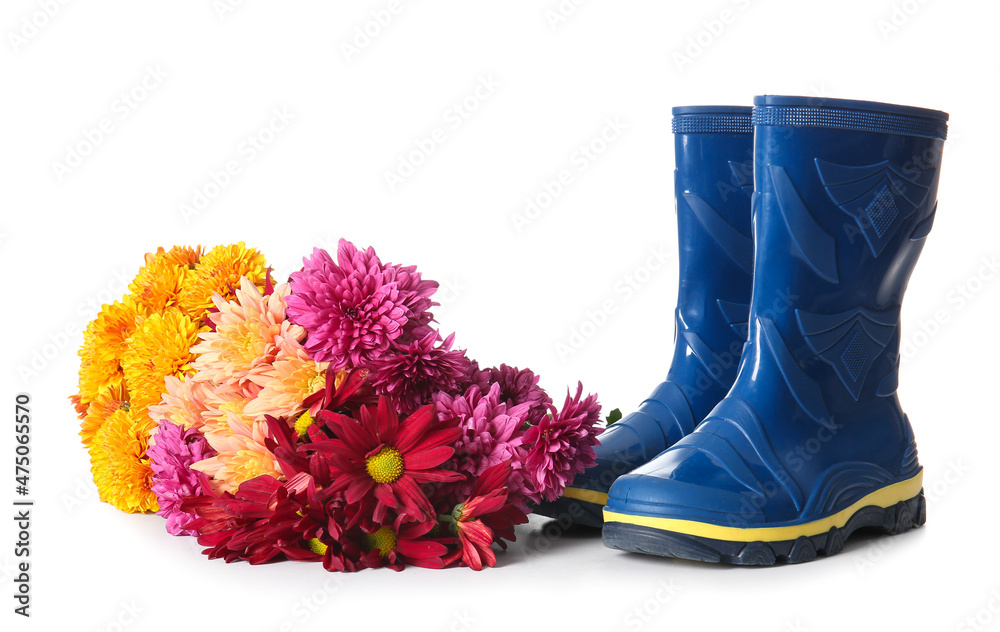 白底橡胶靴和美丽的菊花