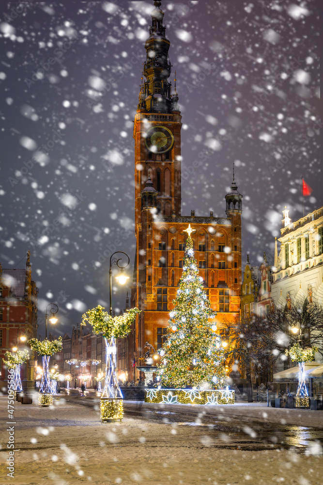 雪夜格但斯克老城美丽的圣诞树。波兰