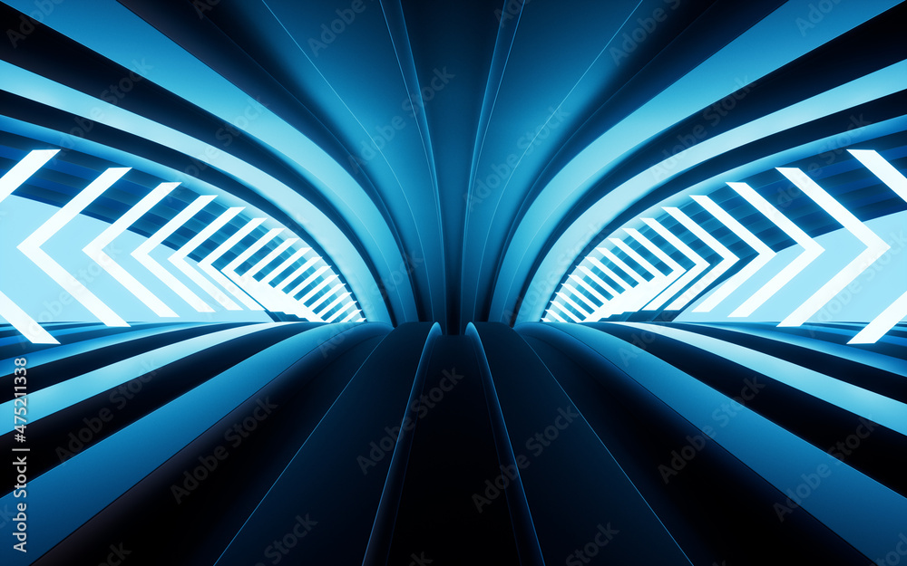 霓虹灯和隧道，三维渲染。