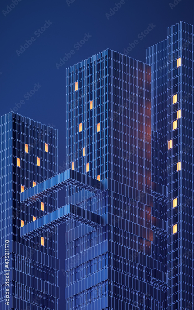夜间城市建筑，模块化建筑，三维渲染。