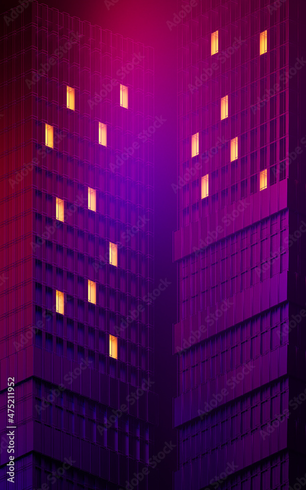 夜间城市建筑，模块化建筑，三维渲染。