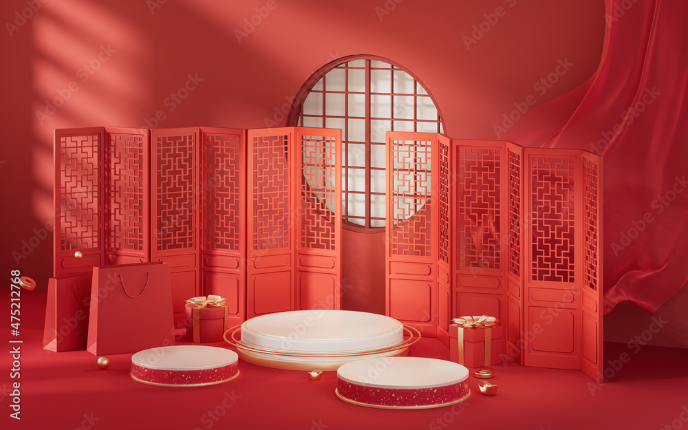 红色中式背景的空舞台，3d渲染。